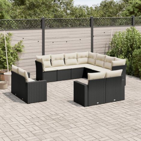 Ensemble Salon Jardin 11 Pièces Noir Résine Tressée avec Coussins Crème - Mobilier Extérieur Modulaire