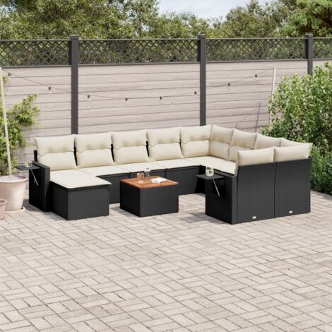 Ensemble Salon Jardin 11 Pièces Noir Résine Tressée avec Coussins Crème - Mobilier Extérieur Modulaire Acacia et Polyrotin