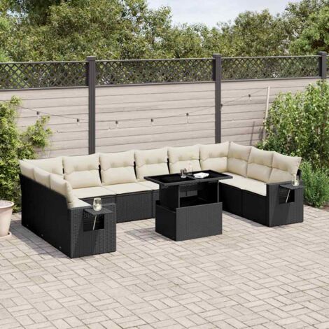Ensemble Salon Jardin 11 Pièces Noir Résine Tressée avec Coussins Crème - Modulaire Table Réglable