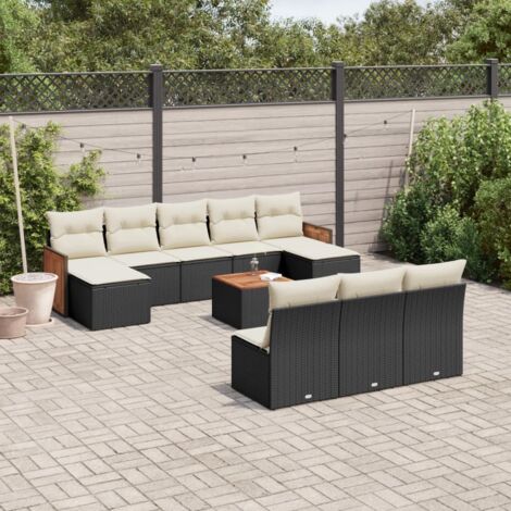 Ensemble Salon Jardin 11 Pièces Noir Résine Tressée avec Coussins Crème - Table Acacia, Mobilier Extérieur Modulaire