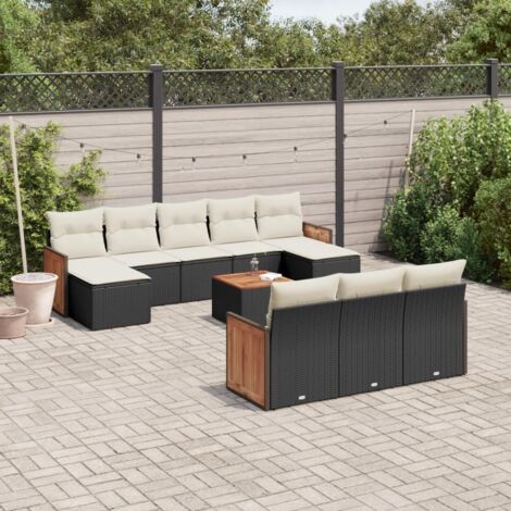 Ensemble Salon Jardin 11 Pièces Noir Résine Tressée avec Coussins Crème - Table Acacia, Mobilier Extérieur Modulaire