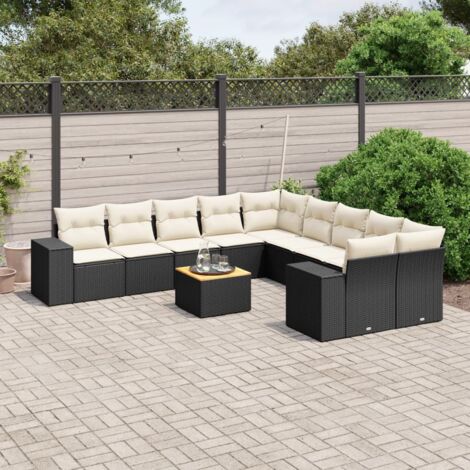 Ensemble Salon Jardin 11 Pièces Noir Résine Tressée avec Coussins Crème - Table Acacia, Modulaire