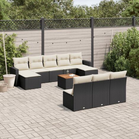Ensemble Salon Jardin 11 Pièces Noir Résine Tressée avec Coussins Crème - Table Acacia, Modulaire