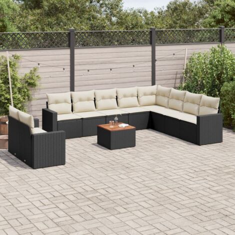 Ensemble Salon Jardin 11 Pièces Noir Résine Tressée avec Coussins Crème - Table Acacia, Modulaire