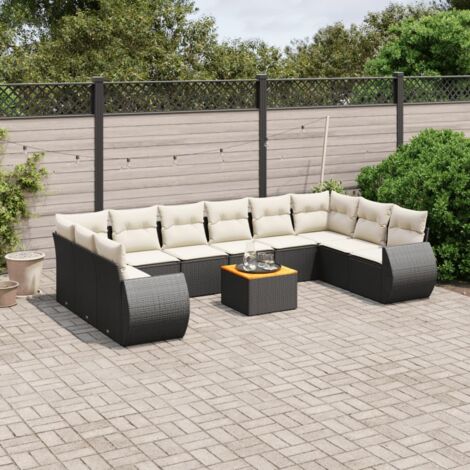 Ensemble Salon Jardin 11 Pièces Noir Résine Tressée avec Coussins Crème - Table Acacia - Modulaire