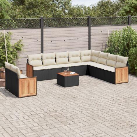 Ensemble Salon Jardin 11 Pièces Noir Résine Tressée avec Coussins Crème - Table Acacia, Modulaire