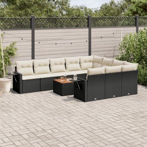 Ensemble Salon Jardin 11 Pièces Noir Résine Tressée avec Coussins Crème - Table Acacia, Modulaire, Résistant aux UV