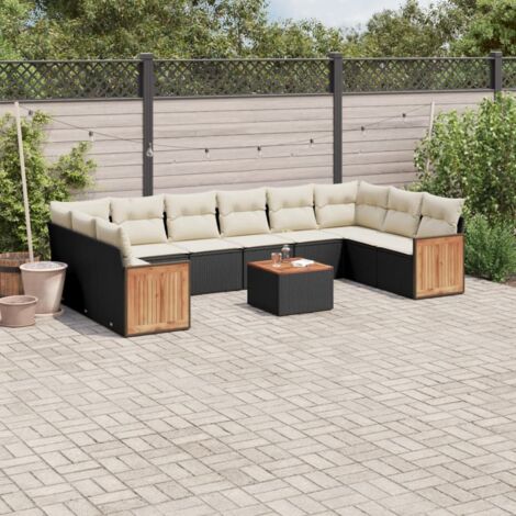 Ensemble Salon Jardin 11 Pièces Noir Résine Tressée avec Coussins Crème - Table Acacia, Modular, Rangement Intégré