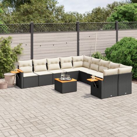 Ensemble salon jardin 11 pièces noir résine tressée avec coussins crème, table acacia, rangement étanche, modulaire