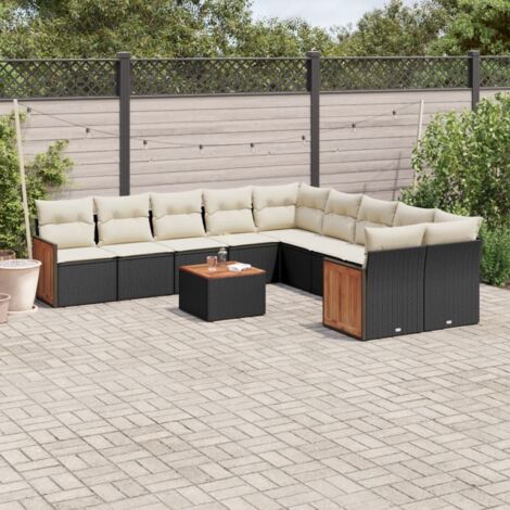 Ensemble Salon Jardin 11 Pièces Noir Résine Tressée avec Coussins Crème - Table Acacia, Stockage Intégré