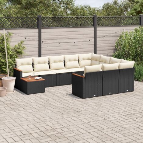 Ensemble Salon Jardin 11 Pièces Noir Résine Tressée avec Coussins Crème - Table Acacia, Stockage Intégré, Modulaire
