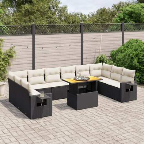 Ensemble Salon Jardin 11 Pièces Noir Résine Tressée avec Coussins Crème - Table Réglable et Mobilier d'Extérieur Modulaire