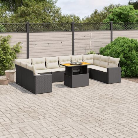 Ensemble Salon Jardin 11 Pièces Noir Résine Tressée avec Coussins Crème - Table Réglable Hauteur, Meuble Extérieur Modulaire