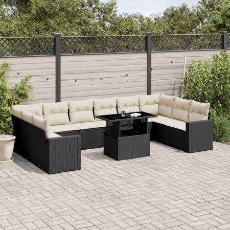 Ensemble Salon Jardin 11 Pièces Noir Résine Tressée avec Coussins Crème - Table Réglable Hauteur, Modulaire