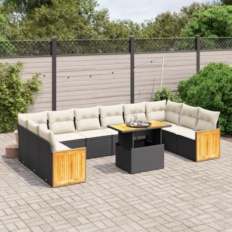 Ensemble Salon Jardin 11 Pièces Noir Résine Tressée avec Coussins Crème - Table Réglable, Modulaire et Lavable