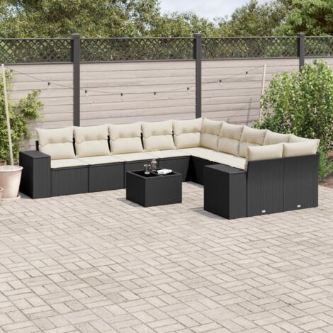 Ensemble Salon Jardin 11 Pièces Noir Résine Tressée avec Coussins Crème - Table Verre Trempé, Mobilier Extérieur Modulaire