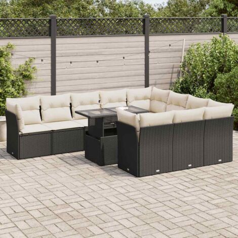 Ensemble Salon Jardin 11 Pièces Noir Résine Tressée avec Coussins Crème, Table Verre Trempé Modulable, Rangement Intégré