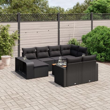 Ensemble Salon Jardin 11 Pièces Noir Résine Tressée avec Coussins et Table Acacia - Meuble Extérieur Modulaire