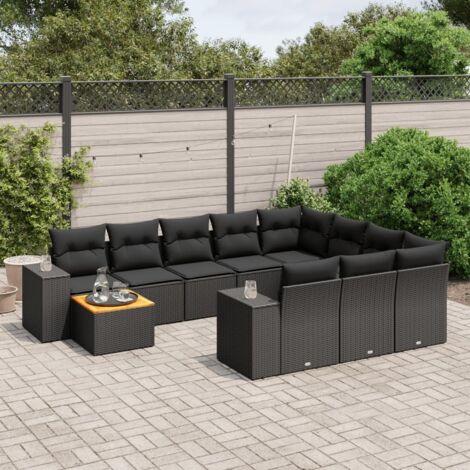 Ensemble Salon Jardin 11 Pièces Noir Résine Tressée avec Coussins et Table Acacia - Meuble Extérieur Modulaire Confortable