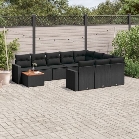 Ensemble Salon Jardin 11 Pièces Noir Résine Tressée avec Coussins et Table Acacia Modulable