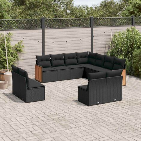 Ensemble Salon Jardin 11 Pièces Noir Résine Tressée avec Coussins - Meuble Extérieur Modulaire Rangement Intégré