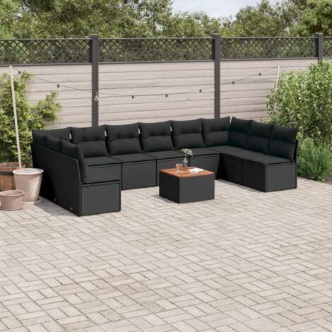 Ensemble Salon Jardin 11 Pièces Noir Résine Tressée avec Coussins - Table Acacia et Mobilier Modulaire Extérieur