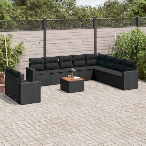 Ensemble Salon Jardin 11 Pièces Noir Résine Tressée avec Coussins - Table Acacia, Mobilier Extérieur Modulaire