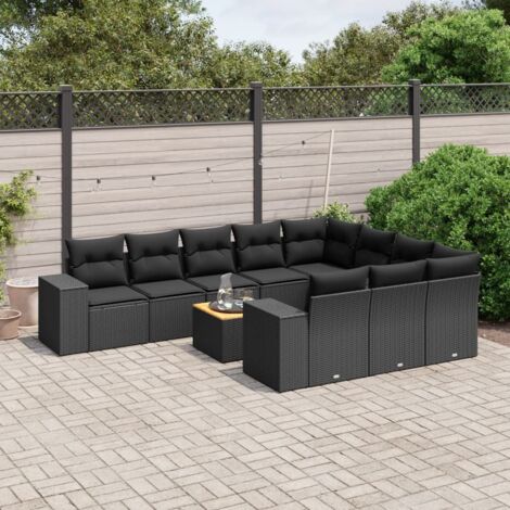 Ensemble Salon Jardin 11 Pièces Noir Résine Tressée avec Coussins - Table Acacia, Modulaire, Résistant aux UV