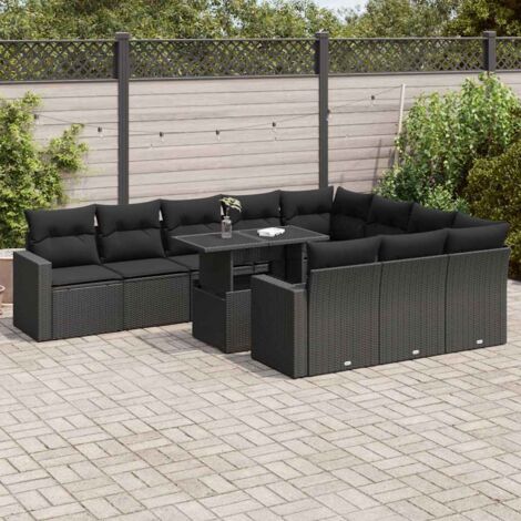 Ensemble Salon Jardin 11 Pièces Noir Résine Tressée avec Coussins, Table Réglable et Rangement Intégré