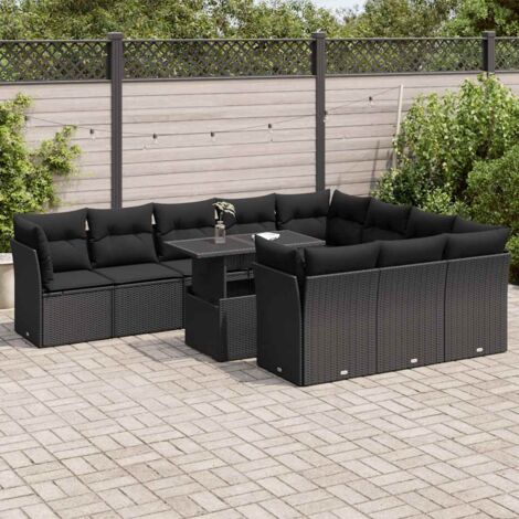 Ensemble Salon Jardin 11 Pièces Noir Résine Tressée avec Coussins, Table Réglable et Rangement Intégré