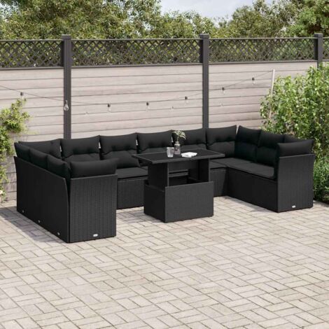 Ensemble Salon Jardin 11 Pièces Noir Résine Tressée avec Coussins - Table Réglable Hauteur, Meuble Extérieur Modulaire Polyrotin