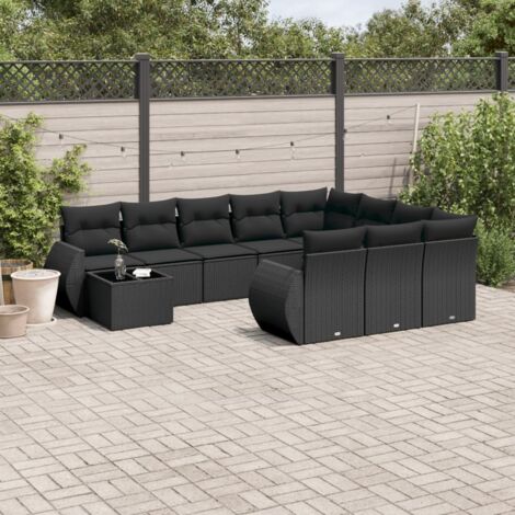 Ensemble Salon Jardin 11 Pièces Noir Résine Tressée avec Coussins - Table Verre Trempé - Modulaire