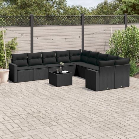 Ensemble Salon Jardin 11 Pièces Noir Résine Tressée avec Coussins - Table Verre Trempé, Modulaire, Housses Lavables