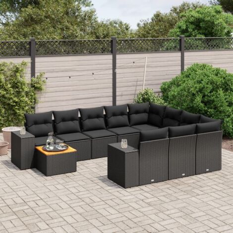 Ensemble Salon Jardin 11 Pièces Noir Résine Tressée avec Table Acacia et Coussins Confortables