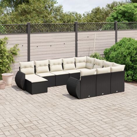 Ensemble Salon Jardin 11 Pièces Noir Résine Tressée avec Table Acacia et Coussins Crème - Meuble Extérieur Modulaire avec Rangement Intégré