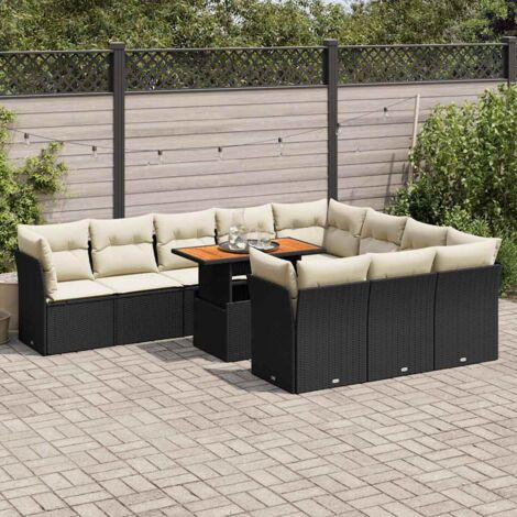 Ensemble Salon Jardin 11 Pièces Noir Résine Tressée avec Table Acacia et Coussins Crème Modulable