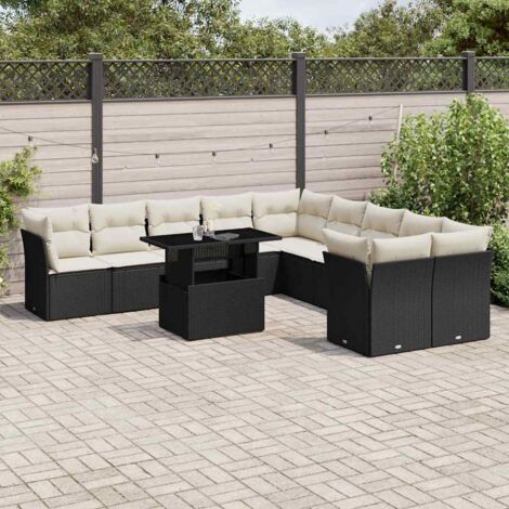 Ensemble Salon Jardin 11 Pièces Noir Résine Tressée avec Table Réglable et Coussins Détachables