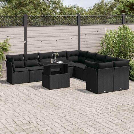 Ensemble Salon Jardin 11 Pièces Noir Résine Tressée avec Table Réglable et Coussins Détachables - Meuble Extérieur Modulaire
