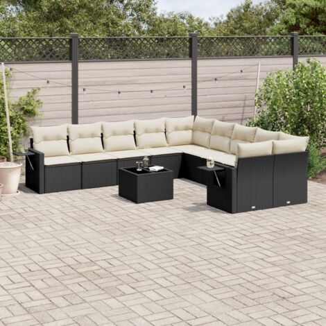 Ensemble Salon Jardin 11 Pièces Noir Résine Tressée avec Table Verre Trempé et Coussins Crème - Mobilier Extérieur Modulaire