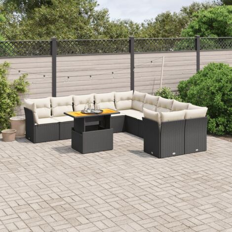 Ensemble Salon Jardin 11 Pièces Noir Résine Tressée - Canapé d'Angle et Central avec Table Réglable Acacia et Coussins Crème Lavables