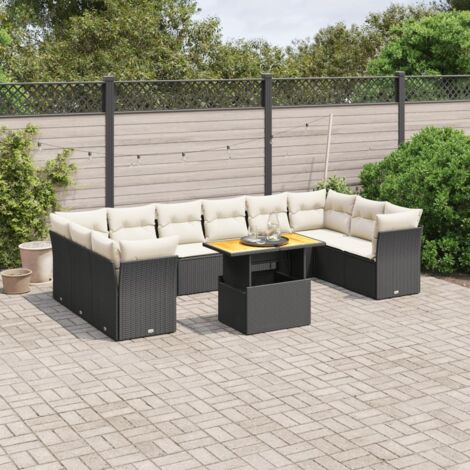 Ensemble Salon Jardin 11 Pièces Noir Résine Tressée - Canapé d'Angle et Central Modulable avec Table Réglable et Coussins Crème