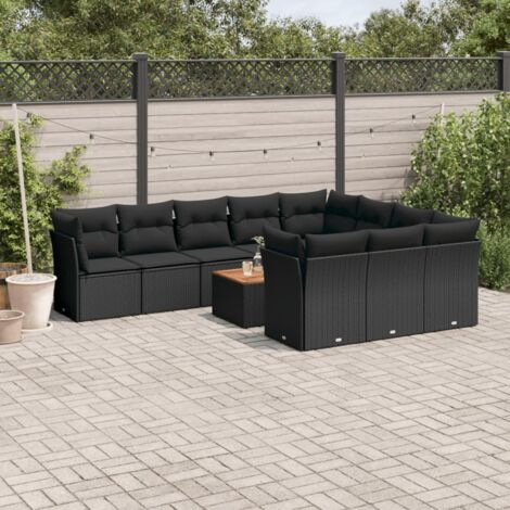 Ensemble Salon Jardin 11 Pièces Noir Résine Tressée - Canapés d'Angle et Central avec Coussins et Table Acacia