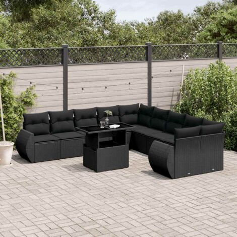 Ensemble Salon Jardin 11 Pièces Noir Résine Tressée - Canapés Modulaires avec Table Réglable et Coussins Lavables