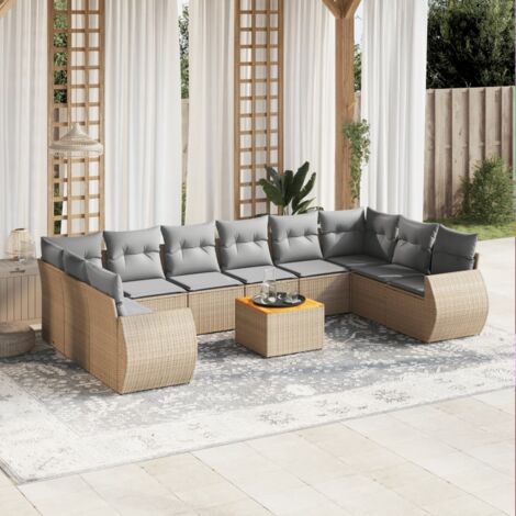 Ensemble Salon Jardin 11 Pièces Résine Tressée Beige avec Coussins, 12 Places, Table Acacia