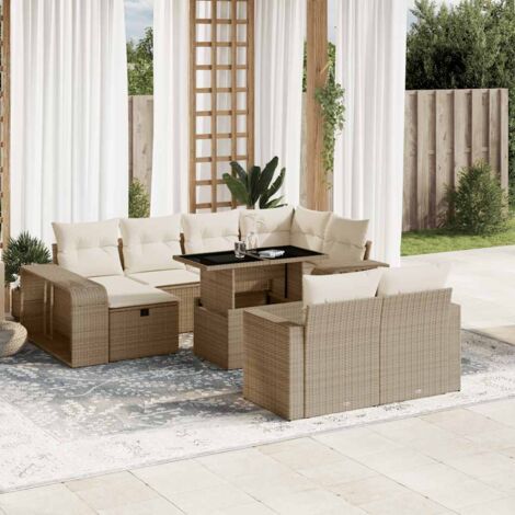 Ensemble Salon Jardin 11 Pièces Résine Tressée Beige avec Coussins et Table Réglable - Canapés, Pouf et Étagères de Rangement pour Terrasse