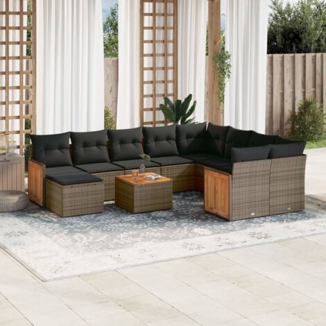 Ensemble Salon Jardin 11 Pièces Résine Tressée Gris avec Coussins et Table Acacia