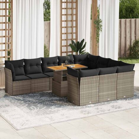 Ensemble salon jardin 11 pièces résine tressée gris avec coussins lavables et table extensible