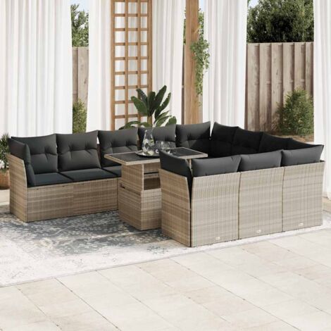 Ensemble Salon Jardin 11 Pièces Résine Tressée Gris Clair avec Coussins, Table Réglable et Rangement Intégré