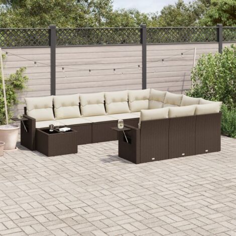 Ensemble Salon Jardin 11 Pièces Résine Tressée Marron avec Coussins Crème - Modulaire, Rangement, Table Intégrée, 110kg par Siège