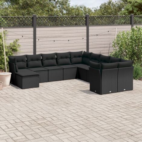 Ensemble Salon Jardin 11 Pièces Résine Tressée Noir avec Coussins - 4 Sièges Coin, 6 Sièges Centraux, 1 Tabouret - Housses Lavables